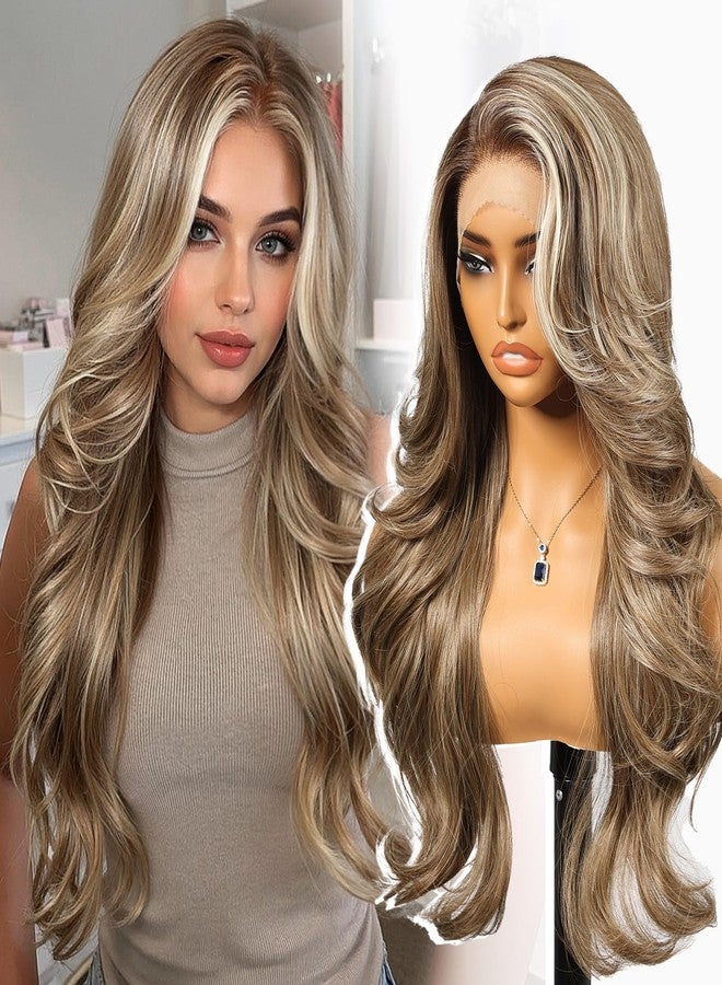 KOME Ash Brown Highlight Synthetic Lace Front Wig,13x4 HD Lace Layered Wave Glueless Wigs for Women Daily Use 26IN - Image 1